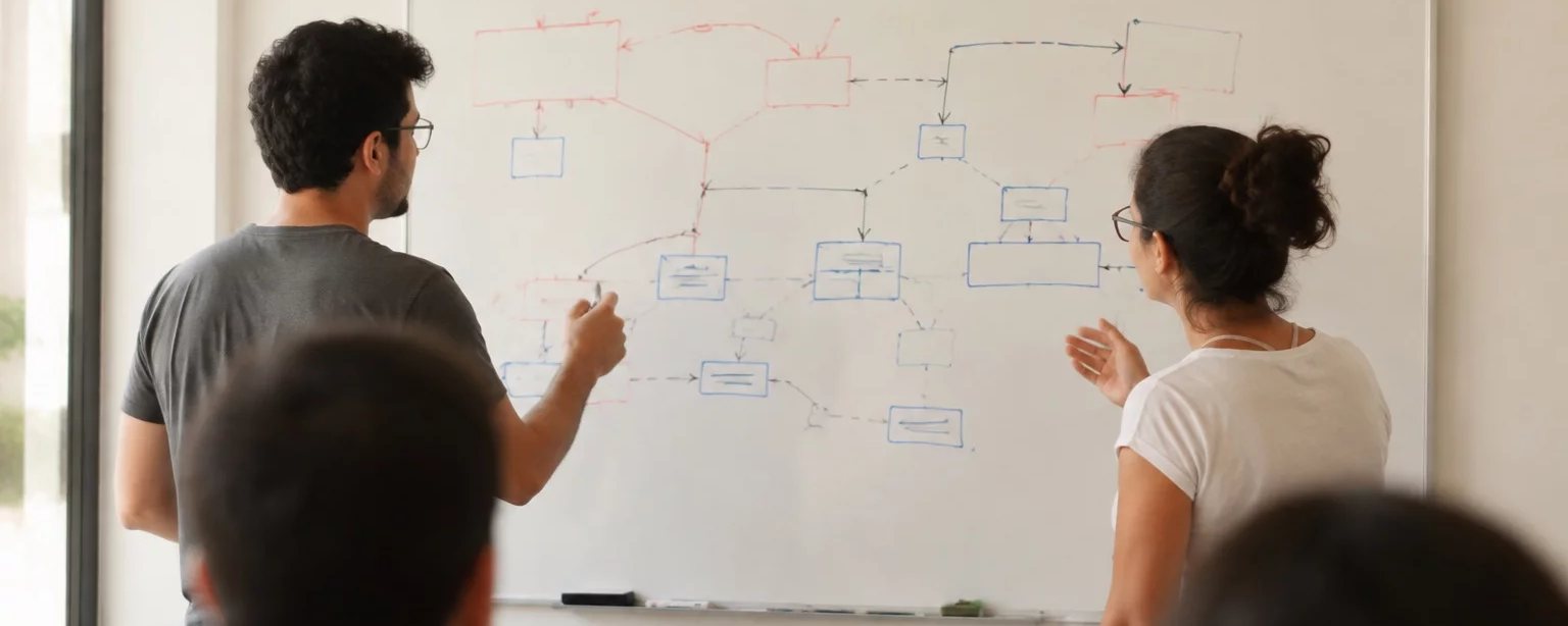 Sala clara de reunião com uma pessoa explicando um ponto ao grupo sentado