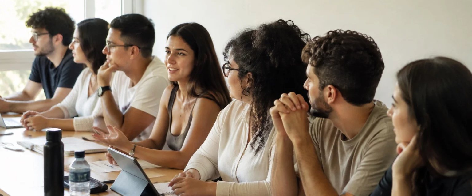 Cadeiras em semicírculo antes do começo de uma sessão de debate