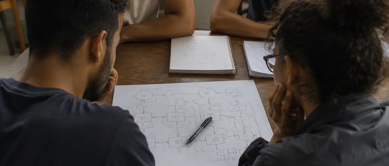 Mesa vista de cima com um diagrama de raciocínio desenhado à mão